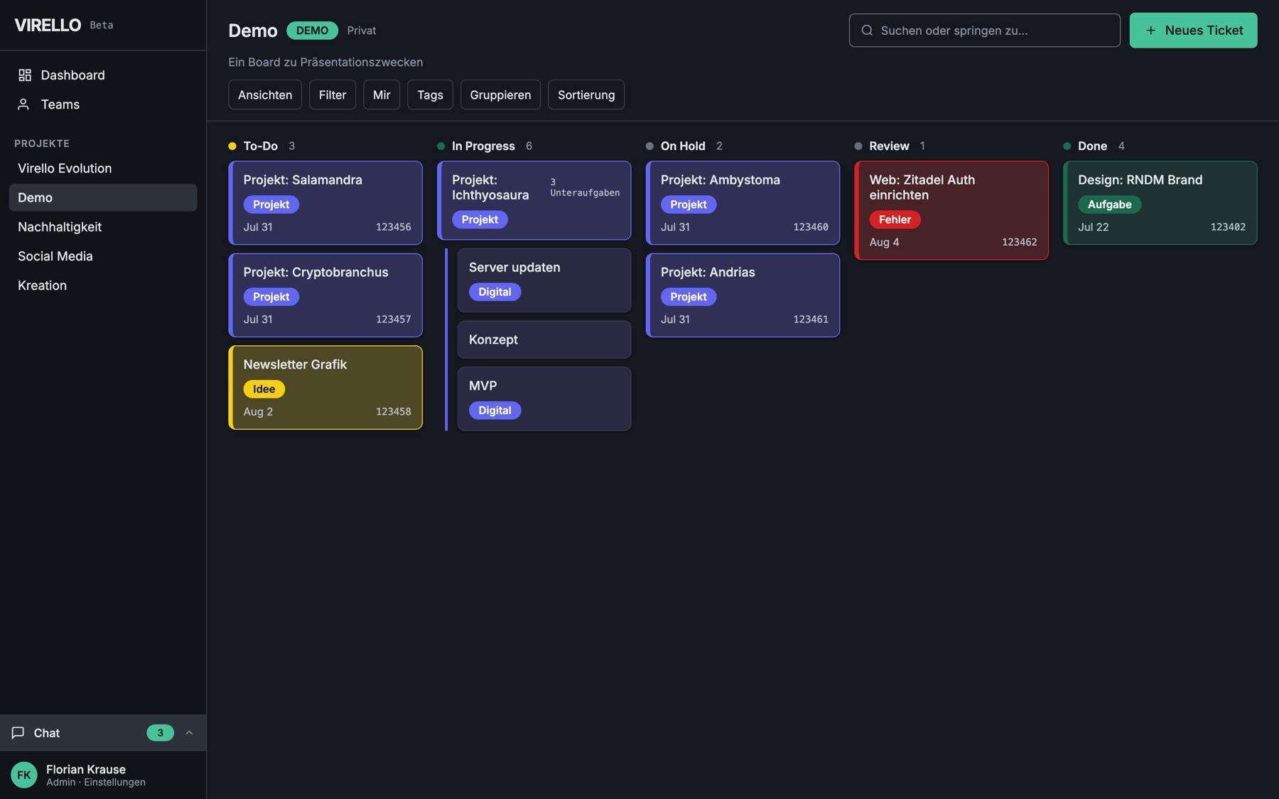 A draft of the Virello interface: project navigation on the left with a chat tab at the bottom, next to a kanban board with colour-coded tickets across five columns.